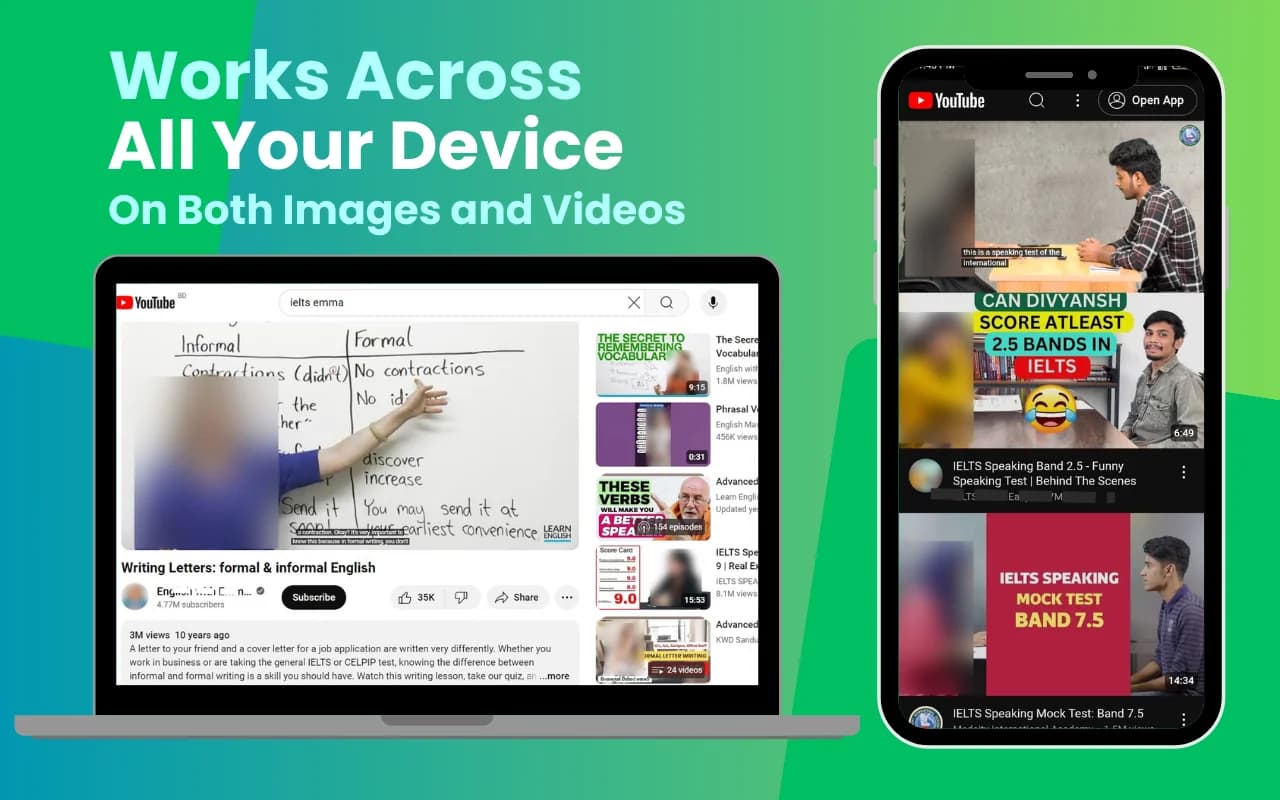 Porda AI blurring people in YouTube thumbnails and videos on a laptop and phone