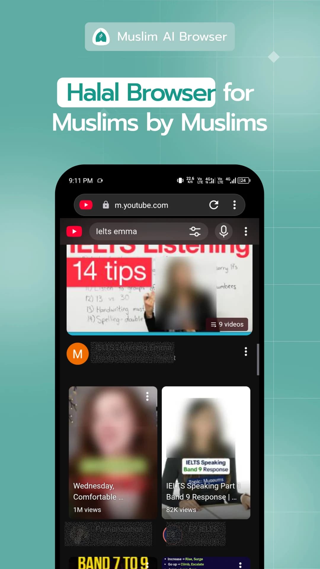 Haram blurring AI on mobile — Muslim AI Browser for Android blurring haram images while browsing