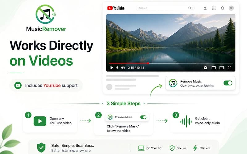YouTube Music Remover Screenshot with Extension Popup